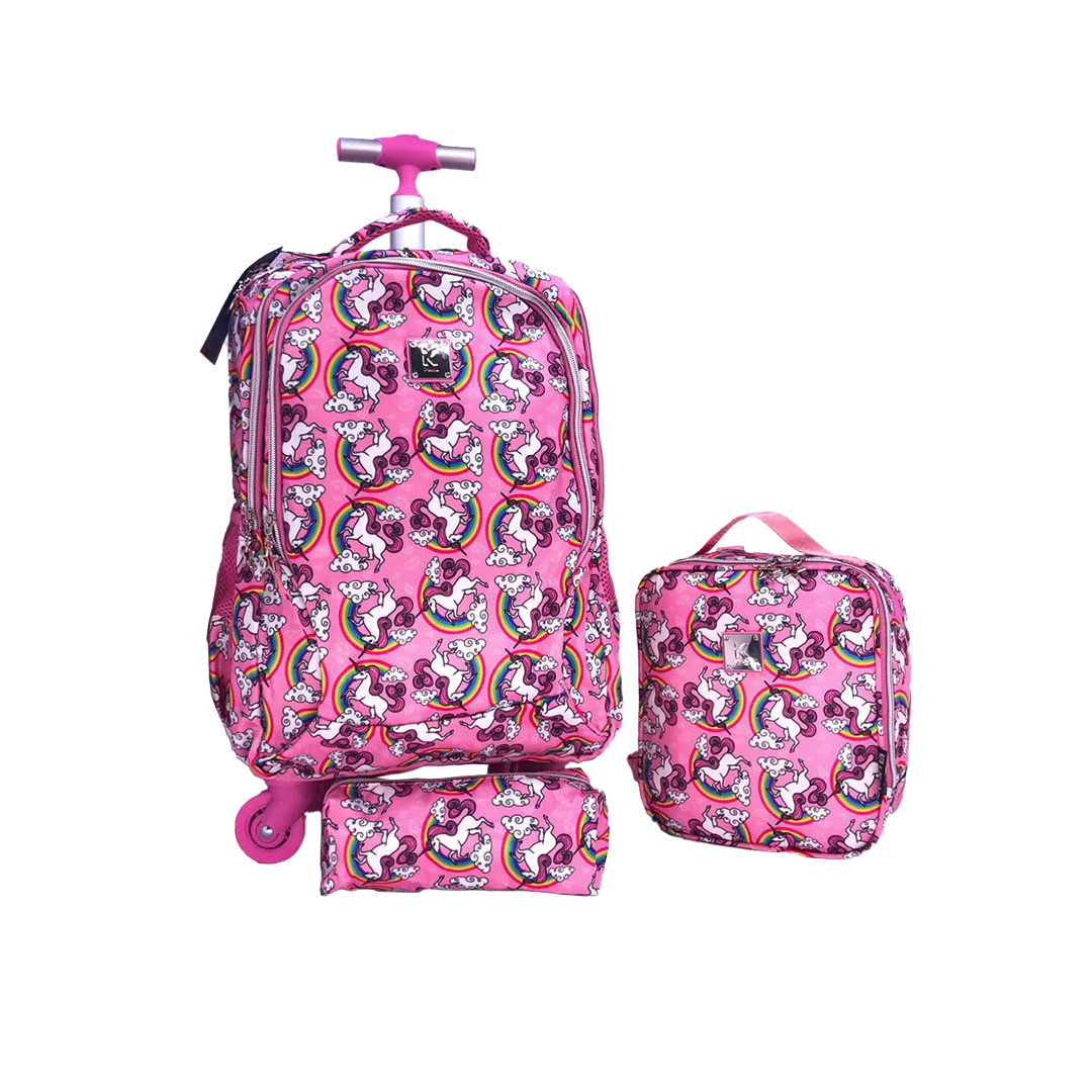 Pink Unicorn School Trolley Bag Set for Girls